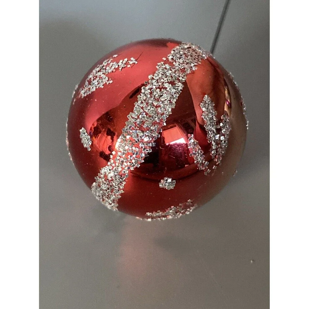 Vintage Hand Painted Blown Glass Christmas Ornament Red Small Ball Glitter